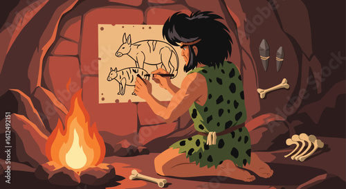 Caveman Artist Drawing Prehistoric Animals by Firelight
