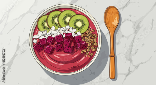 Colorful Smoothie Bowl with Dragon Fruit, Kiwi, and Granola, Wooden Spoon.