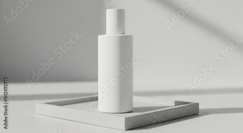 Minimalist White Cosmetic Bottle on Tray with Soft Shadows