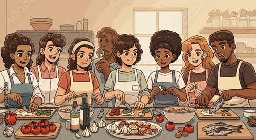 Diverse group cooking together, preparing tomatoes, garlic, fish, and herbs in a bright kitchen