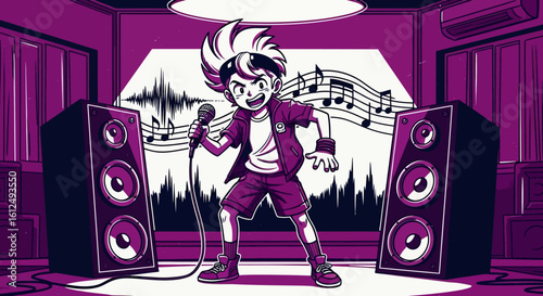 Energetic Cartoon Character Singing into a Microphone in a Music Room
