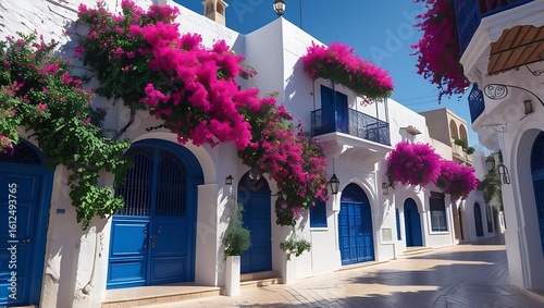 Fototapeta Naklejka Na Ścianę i Meble -  Charming greek island alleyway with vibrant bougainvillea and blue doors