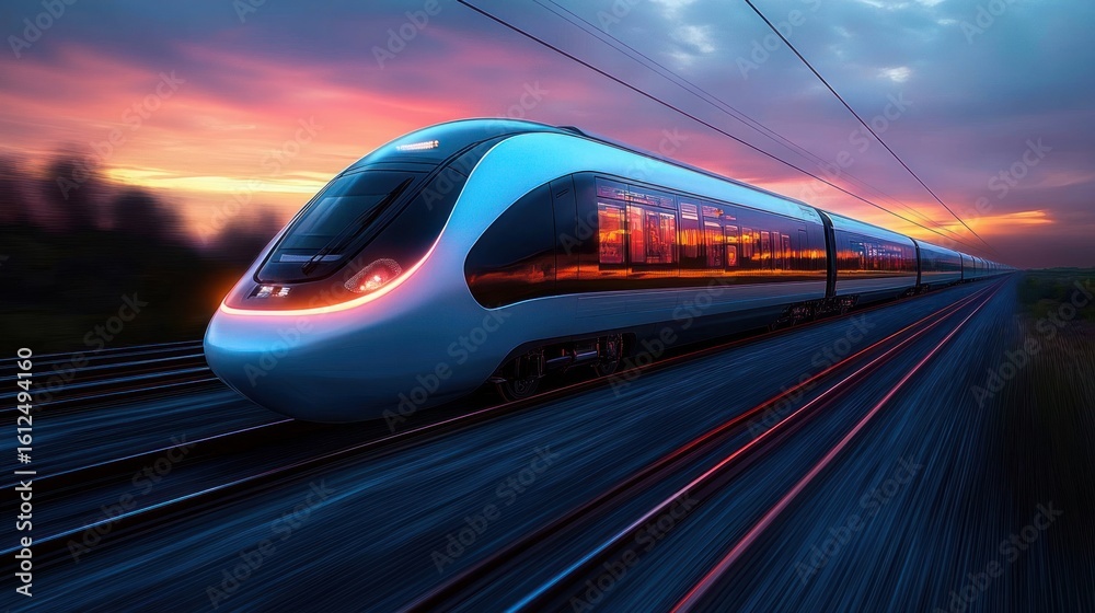 Fototapeta premium sleek modern high-speed train speeding along railway tracks at sunset with vibrant sky reflections on its windows