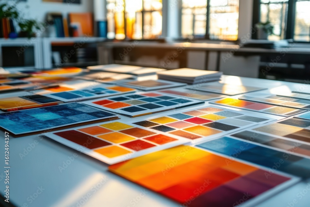 Fototapeta premium Various colorful paint swatches laid out on a table in a bright, sunlit room creating a creative and vibrant atmosphere