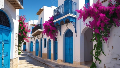 Fototapeta Naklejka Na Ścianę i Meble -  Charming mediterranean alleyway with vibrant bougainvillea and blue doors