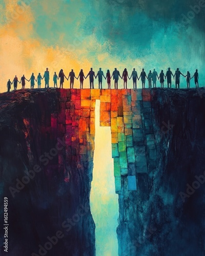 A diverse group of people holding hands forming a human bridge across a deep chasm with colorful blocks filling the gap, symbolizing unity and connection against a vibrant sky