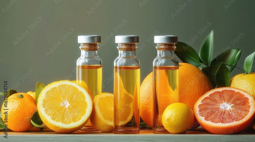 Three small glass bottles filled with golden citrus oil surrounded by whole and halved lemons, oranges, and grapefruits on a wooden surface with green leaves in the background Three small glass bottles filled with golden citrus oil surrounded by whole and halved lemons, oranges, and grapefruits on a wooden surface with green leaves in the background