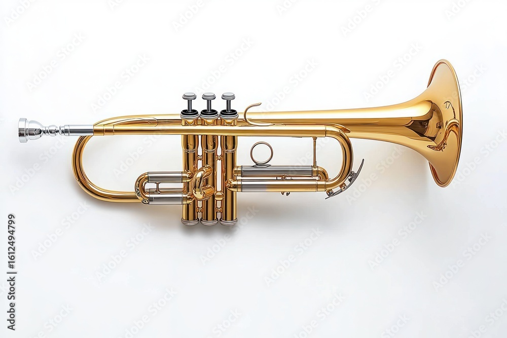 Obraz premium Shiny brass trumpet with silver mouthpiece and valves isolated on white background