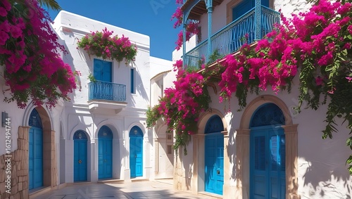 Fototapeta Naklejka Na Ścianę i Meble -  Charming greek island alleyway with vibrant bougainvillea and blue doors