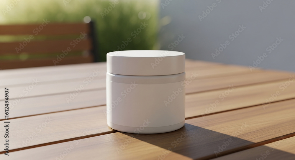 White Jar Mockup on Sunny Outdoor Wooden Table White Jar Mockup on Sunny Outdoor Wooden Table