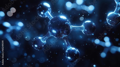 Fototapeta Naklejka Na Ścianę i Meble -  3d illustration of glowing interconnected molecules representing a molecular or atomic structure with a dark blue background and light particles