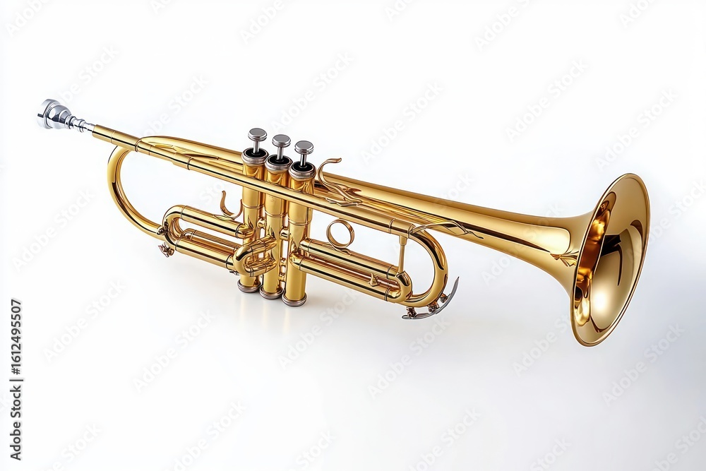Fototapeta premium Shiny brass trumpet isolated on white background showing valves and tubing details