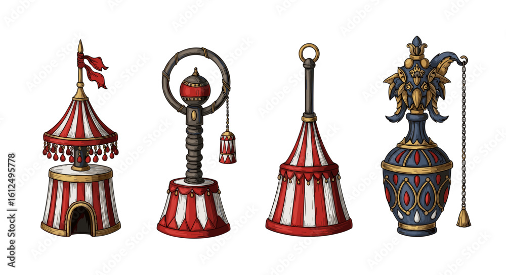 Obraz premium Four whimsically designed fantasy objects, illustrated in vibrant colors