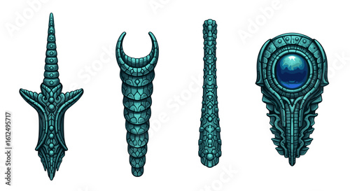 Ornate fantasy weapons and armor rendered in digital painting style