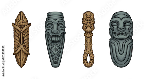 Four intricately designed tribal masks or talismans stand side by side