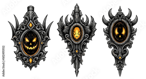 Spooky Halloween themed pendants with scary faces illustrations designs art