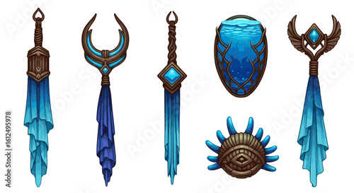Beautifully rendered stylized fantasy ice weapons isolated on white background