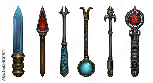 An assortment of ornate and magical staffs over white background