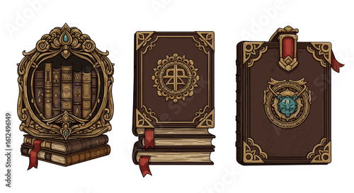 Mystical antique books with elaborate covers in a bright scene
