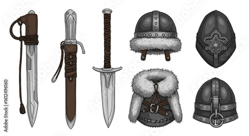 Detailed Viking weapons and armor set against a white background.