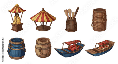 Varied collection of cartoonish Southeast Asian market themed elements