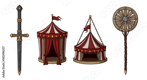 Medieval Fantasy Circus Icons Set Featuring Sword, Tents, and Wand