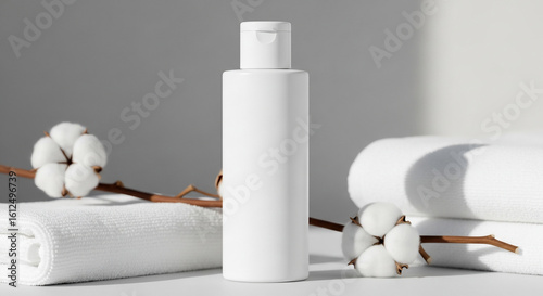 White Cosmetic Bottle Mockup with Cotton and Clean Towels