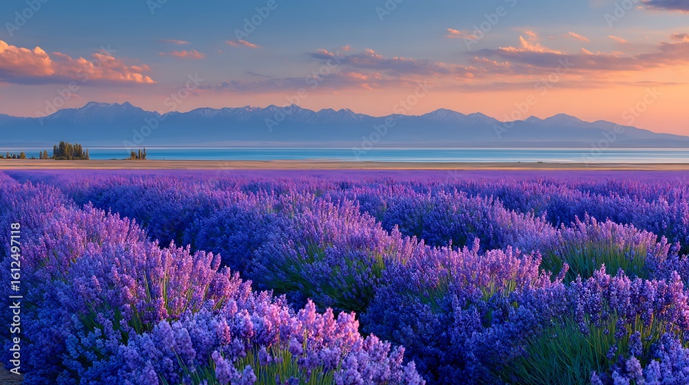 Obraz premium Lavender Field at Sunset Near Lake Issyk-Kul, Kyrgyzstan