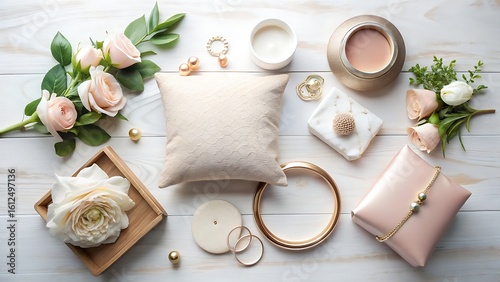 Wallpaper Mural Elegant arrangement of roses, jewelry, and cosmetics on a white table Torontodigital.ca