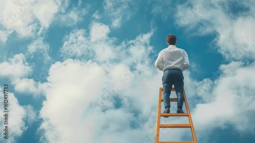 A man stands on a ladder reaching for the sky, full of fluffy clouds, symbolizing aspiration and progress