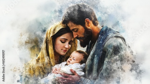 An Artistic Watercolor Painting Depicting the Holy Family in Loving Embrace