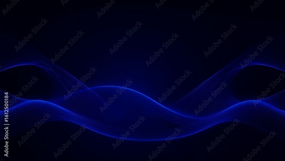 Obraz premium Elegant dark vector background with symmetrical ripple halftone lines in neon blue to violet gradient, soft light glow