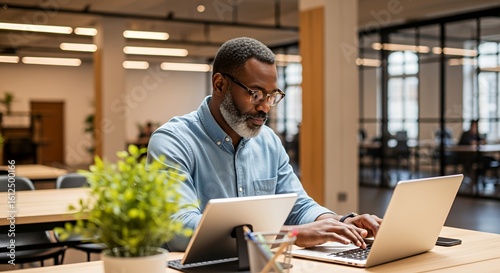A focused mature man works diligently on his laptop and tablet in a modern, open-plan space.