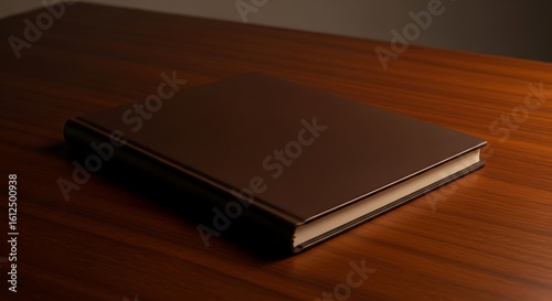 Elegant hardbound book resting on a polished wooden surface in soft lighting