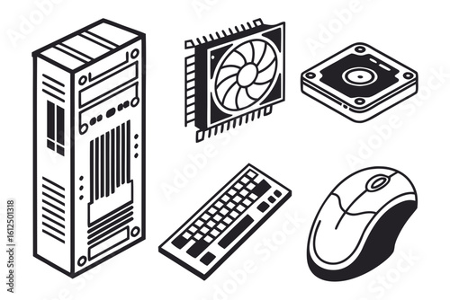 Computer Components Isometric Line Art Icons.