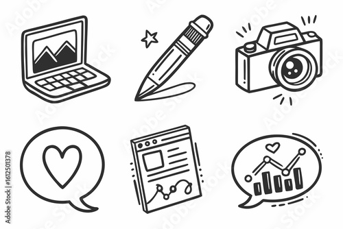 Creative Icons Laptop Pencil Camera Heart Graph.