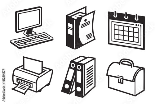 Office Supplies Icons Computer Binders Calendar Printer Briefcase.