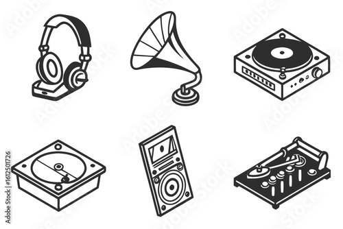 Vintage Audio Equipment Collection Icons.