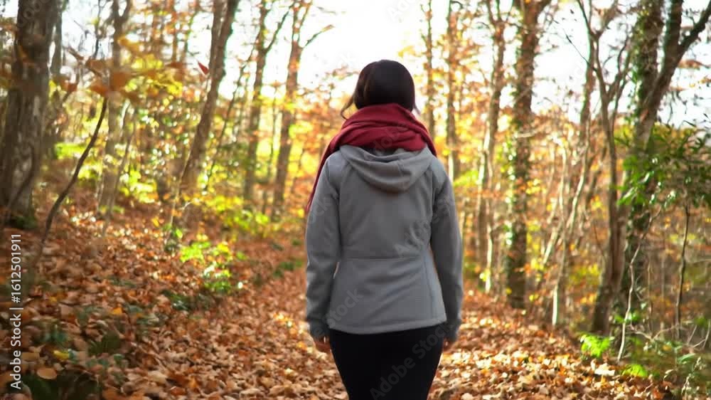 A woman in a red scarf walks along a tranquil path covered in fallen leaves in an autumn forest. A woman in a red scarf walks along a tranquil path covered in fallen leaves in an autumn forest.