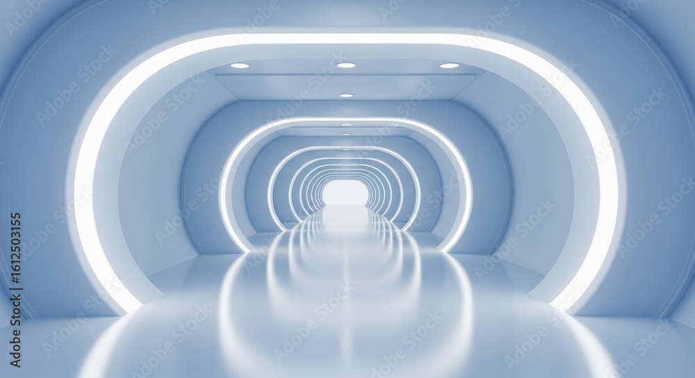 Fototapeta premium A futuristic blue and white illuminated tunnel with repeating oval arches and a bright light at the vanishing point corridor modern architecture interior