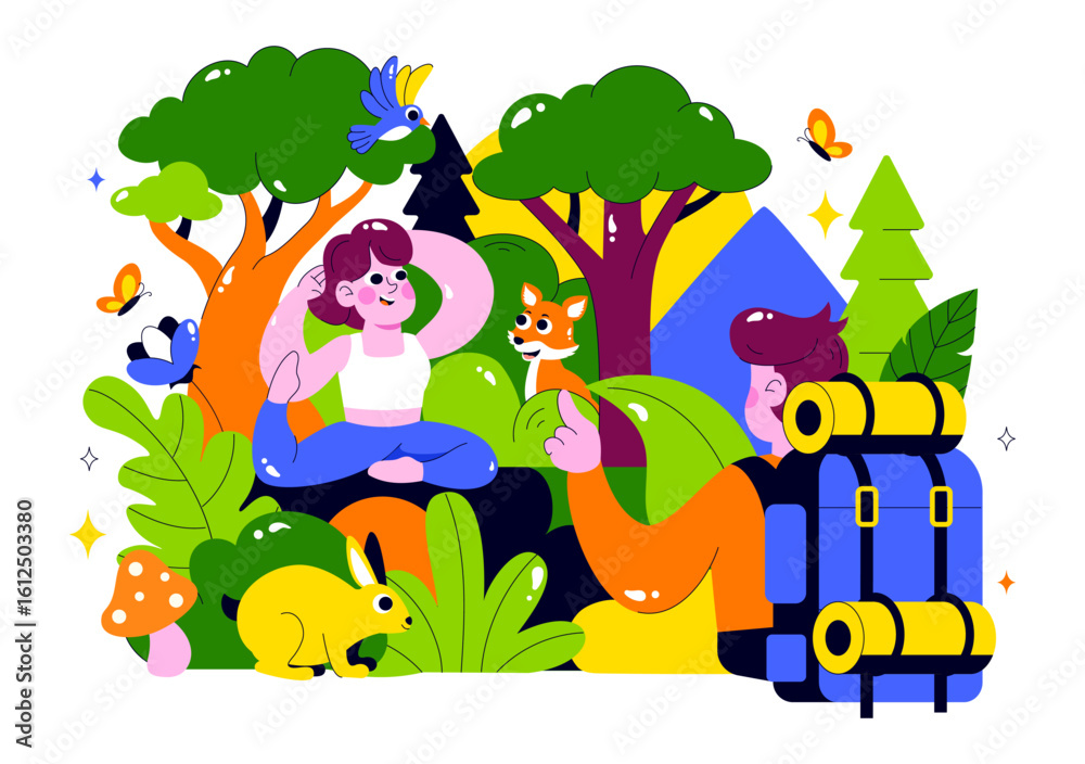 Naklejka premium Forest Bathing Vector Illustration featuring a Person Surrounded by Tranquil Greenery, Wellness, Recreational Ecotherapy, and Connection with Nature