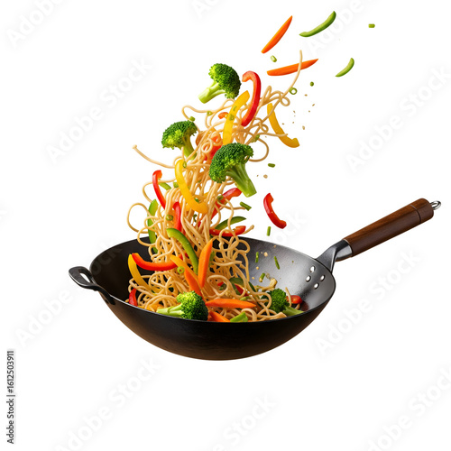 Noodles and vegetables tossed in a wok with vibrant colors isolated on transparent background