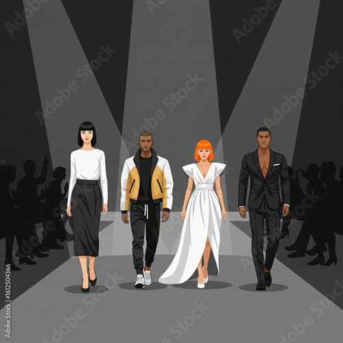 a fashion runway scene with four diverse models walking in stylish outfits
