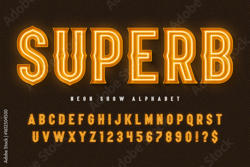 Retro circus alphabet design, cabaret, fairy neon lamps letters and numbers.