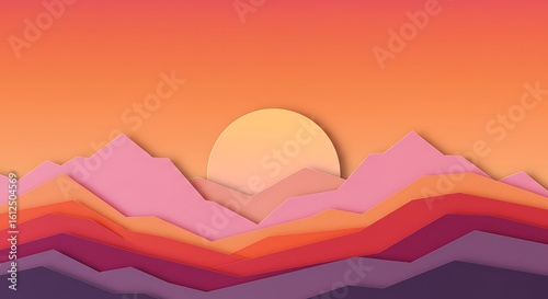 Abstract landscape illustration featuring layered mountains in shades of pink, orange, and purple, with a soft yellow sun setting in the background.