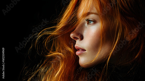 Side profile of a young woman with long, flowing red hair against a dark background.