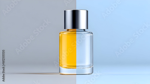 A conceptual image of a cosmetic bottle, split to show golden oil and clear liquid. This graphic design is ideal for dual-action or transformative product ads.