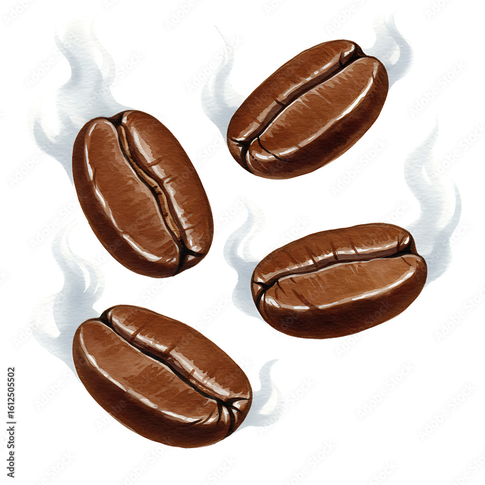 Obraz premium An illustration of aromatic roasted coffee beans with subtle steam, ideal for coffee shop and beverage-related content. 