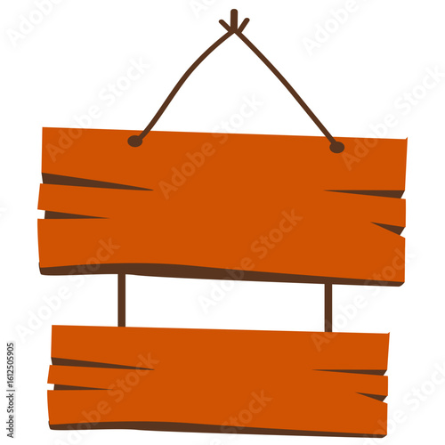 Rustic hanging wooden signboard with two planks and rope, cartoon style, suitable for shop labels or signage.