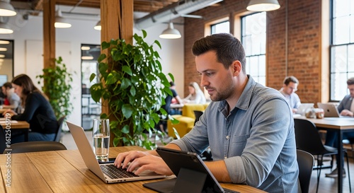A focused young man works diligently on his laptop in a modern, plant-filled coworking space, surrounded by other professionals.